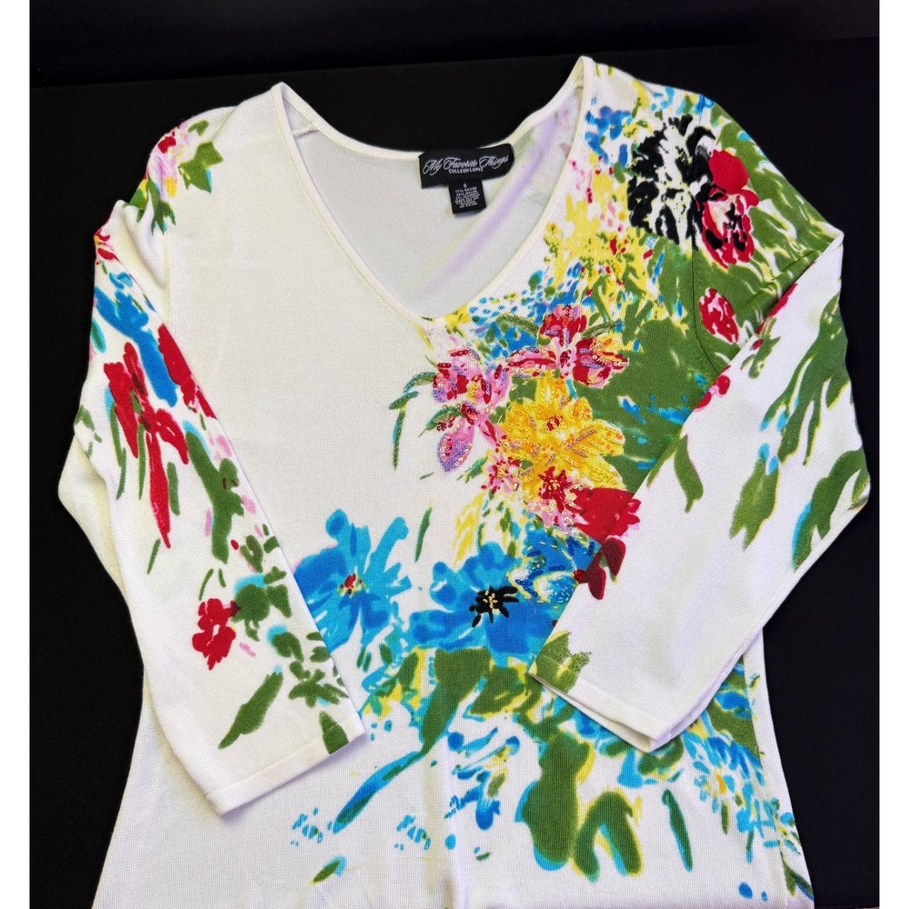 My Favorite Things Colleen Lopez Floral Sweater Top Small White Sequin Bead - Picture 3 of 14